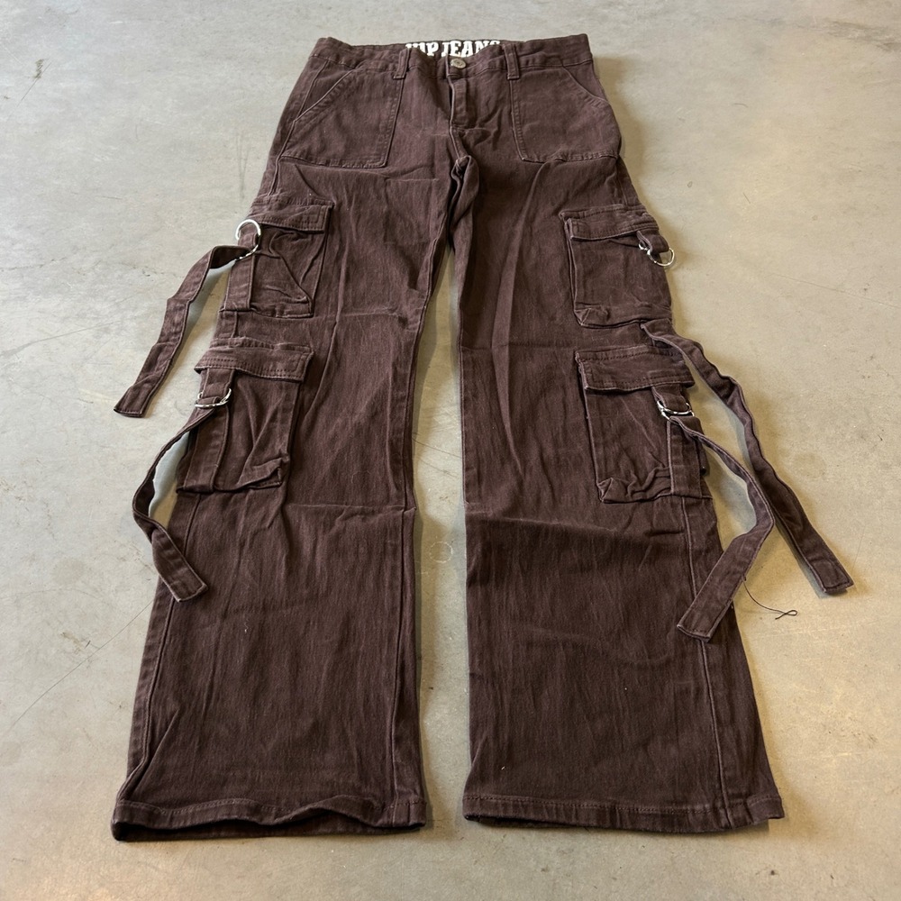 VIP Jeans Womens Brown Cargo Pants Wide Leg Multi Pocket Straps Size 5/6